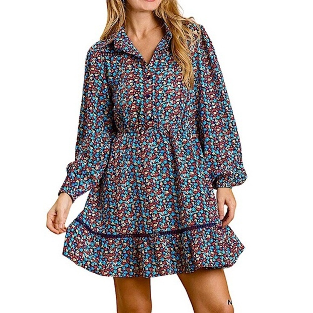 Umgee USA Blue Collared crochet Details Faux buttoned floral Print Boho Dress XL